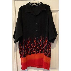 Vintage AOK Shirt Mens Size 2XL Black Button Up Red Flames Poker Bowling Camp